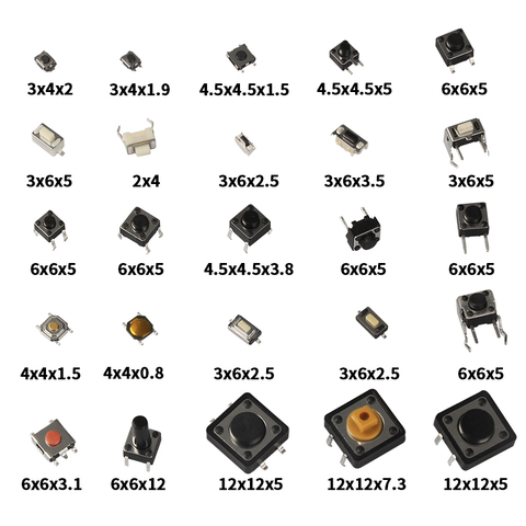 Assortiment de micro-boutons poussoirs tactiles, 25Types, 125 pièces/ensemble, Mini interrupteurs à feuilles, SMD 2*4 3*6 4*4 6*6 ► Photo 1/6