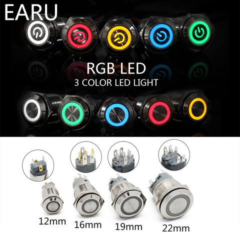 Interrupteur de lumière LED RGB, 2 couleurs, 12mm, 16mm, 19mm, 22mm, Fixation, bouton poussoir en métal, étanche, 3-380V, rouge, bleu ► Photo 1/6