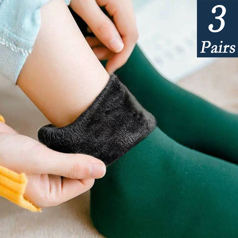 Chaussettes chaudes épais, en Nylon thermique, en cachemire, 3 paires, chaussettes épaisses thermiques, couleur unie, bottes en velours, pour le sol, noires ► Photo 1/6