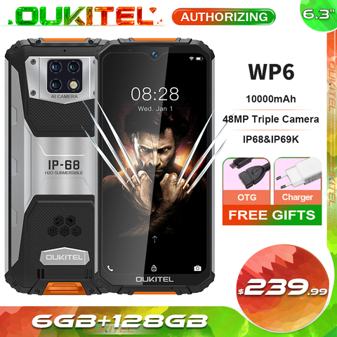 OUKITEL WP6 10000mAh 6.3 ''FHD + IP68 téléphone portable étanche 6GB 128GB Octa Core 16MP Triple caméras Smartphone robuste ► Photo 1/6