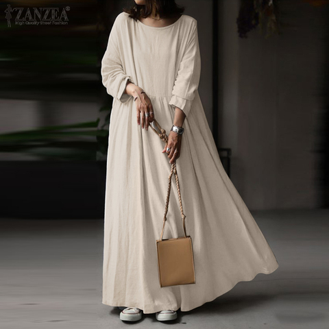 2022 automne Vintage à manches longues solide Robe d'été femmes élégant Maxi longue Robe ZANZEA caftan Femme Robe Vestidos Baggy grande taille 7 ► Photo 1/6