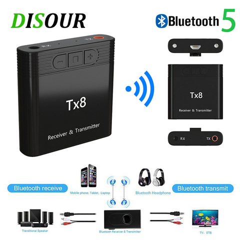 DISOUR TX8 5.0 émetteur récepteur Bluetooth avec bouton de contrôle du Volume 2 en 1 Audio adaptateur sans fil 3.5MM AUX pour voiture TV PC ► Photo 1/6