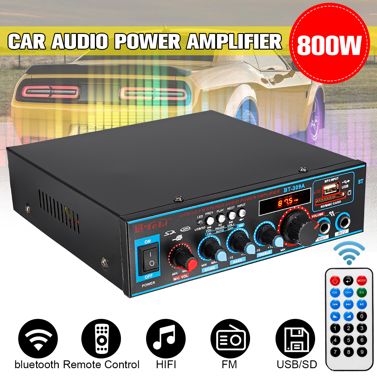 Amplificateur de puissance Audio de voiture stéréo double canal amplificateur de Subwoofer stéréo de voiture Mini Hi-Fi bluetooth avec télécommande Radio FM ► Photo 1/6