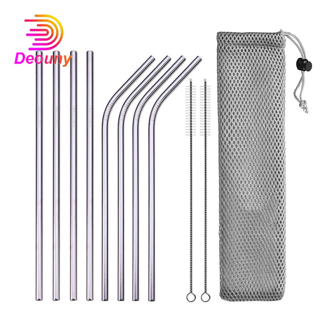 DEOUNY – Tubes métalliques réutilisables avec sac et brosse de nettoyage, pailles à Cocktail droites et coudées en acier inoxydable 304, 11 pièces, accessoires de Bar ► Photo 1/6