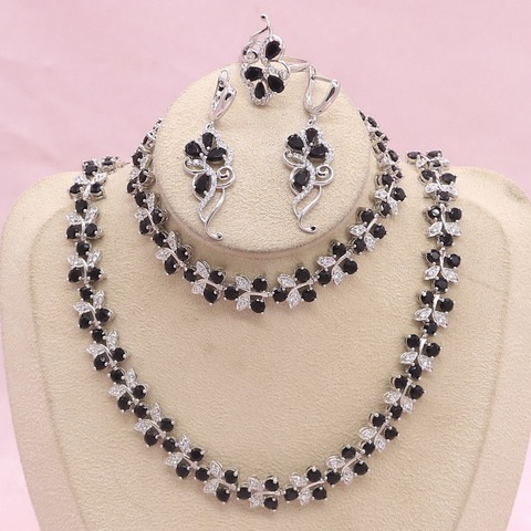 Ensemble de bijoux classiques en argent 925 pour femmes, boucles d'oreilles en Zircon noir, Bracelet, pendentif, collier, bague, bijoux de mariée ► Photo 1/6