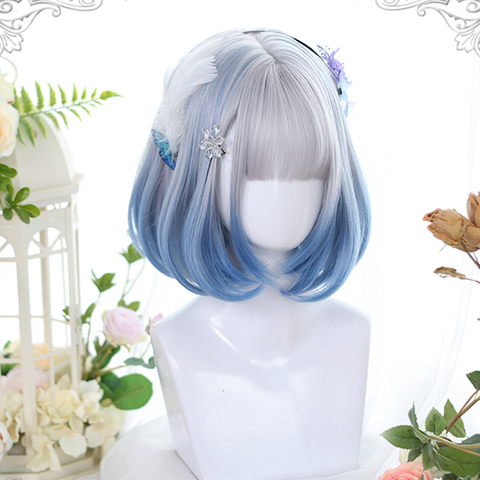 MEIFAN synthétique court Bob couleur Lolita Anime perruques avec Air frange pour les femmes naturel faux cheveux noir bleu Lolite Cosplay perruque ► Photo 1/6