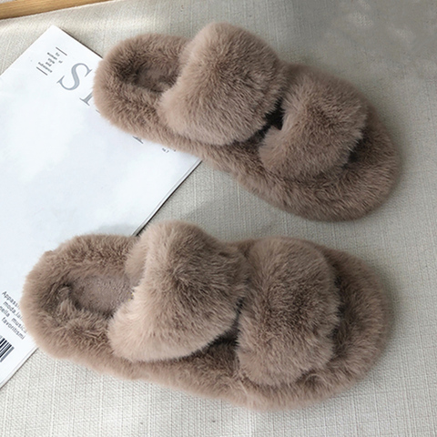 Hiver maison femmes fourrure pantoufles mode croix bande chaude en peluche dames moelleux chaussures confortable bout ouvert intérieur floue diapositives pour les filles ► Photo 1/6