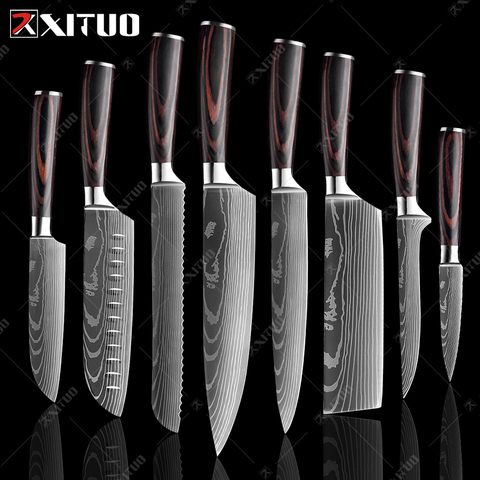 XITUO-ensemble de couteaux de cuisine Chef japonais, Santoku, 8 po, acier inoxydable 7CR17 à haute teneur en carbone, damas, couteau à trancher à motif Laser ► Photo 1/6