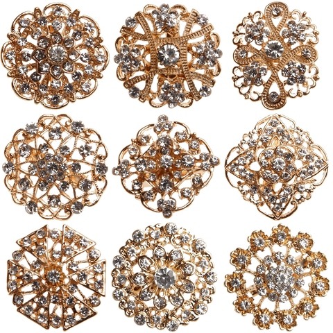 Broches de fleurs en cristal plaqué or, méta strass, pour Bouquet de mariage, pour sacs de fête de mariée, boîte cadeau pour vêtements ► Photo 1/6