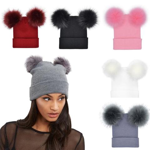 Chapeau à pompon en fausse fourrure pour Femme, Bonnet tricoté chaud, Double boule, nouvelle collection automne hiver 2022 ► Photo 1/6