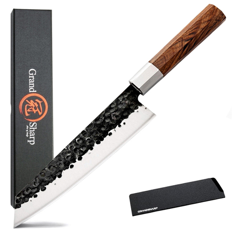 Couteaux de cuisine japonais Kiritsuke PRO, couteau de Chef fait main de 8 pouces, outils de découpe en bois africain coffret cadeau GRANDSHARP ► Photo 1/6