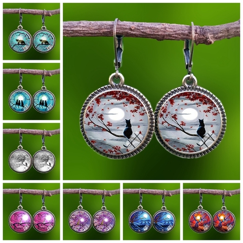 Verre mignon chat sous le ciel nocturne femmes balancent boucles d'oreilles mode boucles d'oreilles, nouveau chaton verre Cabochon dame boucles d'oreilles bijoux ► Photo 1/6