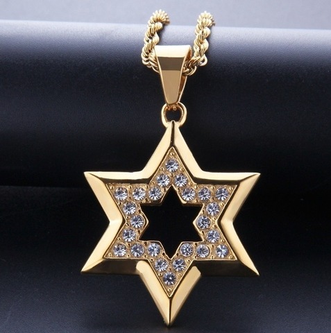 Collier avec pendentif étoile de David en strass glacé pour homme, bijoux de rappeur, style Hip Hop, doré ► Photo 1/5