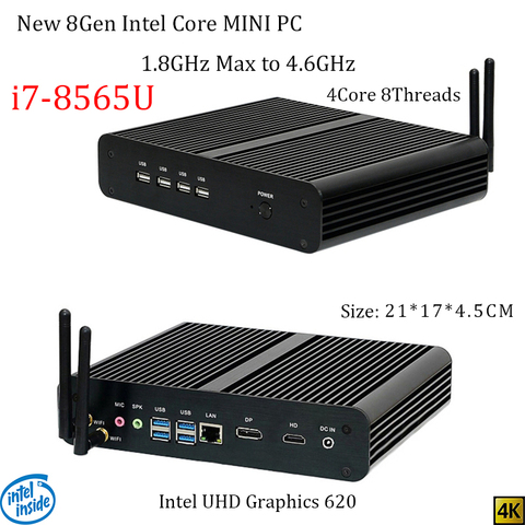 Plus récent 8Gen sans ventilateur mini pc i7 8565U CPU 4.6GHz Intel UHD620 win10 Quad Core 8 fils DDR4 2133 2400 2666 NUC livraison gratuite pc ► Photo 1/4