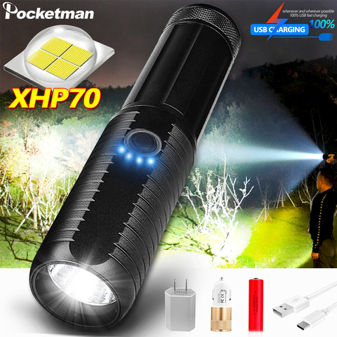 Torche tactique Super puissante XHP70, LED, lampe torche à LED, LED, zoom USB, batterie Rechargeable, zoom 18650, 26650, pour les offres de Camping ► Photo 1/6