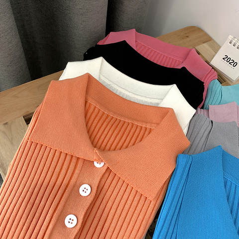 ITOOLIN extensible à manches courtes haut femmes 2022 été femme Polo chemise tricoté couleur bonbon t-shirts plaine bouton Up Vintage vêtements ► Photo 1/6