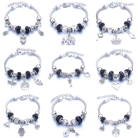 Vintage noir arbre de vie couronne breloque Bracelets pour femme perles de cristal Pandora Bracelets Pulseras Mujer bijoux à breloques ► Photo 1/6