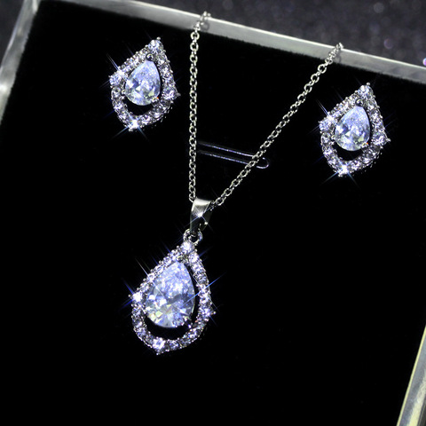 Ensemble de bijoux en Zircon blanc pour femme, plaqué argent, en forme de goutte d'eau, collier, boucles d'oreilles, pour mariée ► Photo 1/5