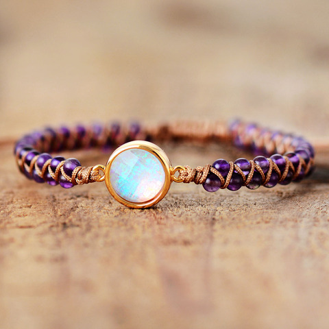 Bracelet en pierres d'améthystes, ficelle opale tressée, Yoga, amitié, bohème, Bracelets d'enveloppement ► Photo 1/6