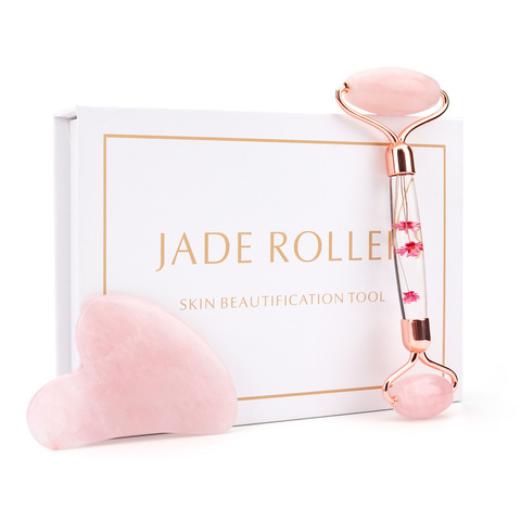 Rose Quartz Jade rouleau fleur pôle rouleau visage levage masseur visage manuel Massage rouleau en forme de coeur Guasha ensemble anti-wrink ► Photo 1/6