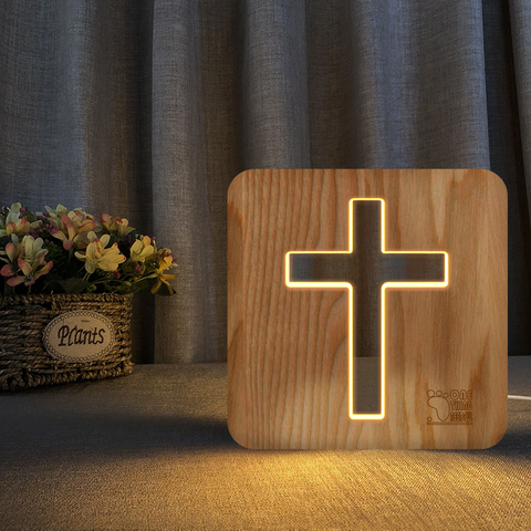 Statue de jésus en croix du Christ en bois 3D, veilleuse LED USB, nouveauté, décoration 3D pour chambre d'enfant, lampe de Table, blanc chaud, cadeau pour enfant ► Photo 1/1