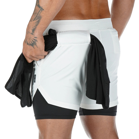 Short de survêtement Double couche hommes 2 en 1 pantalon court gymnases Fitness poche intégrée Bermuda Short de plage à séchage rapide pantalon de survêtement homme ► Photo 1/6