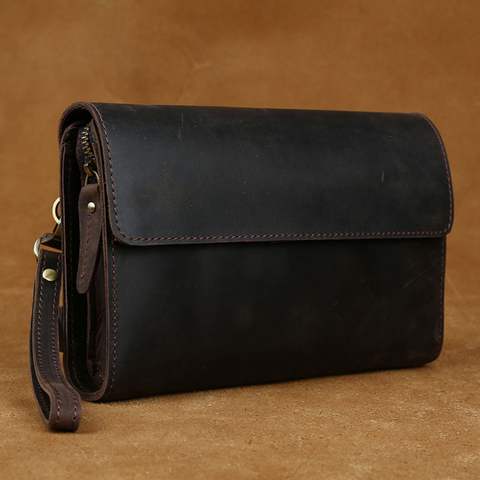 MAHEU-pochette en cuir véritable de jour de qualité supérieure, porte-monnaie, Style Vintage, Double couche intercalaire, pochette en cuir de cheval fou pour hommes ► Photo 1/6