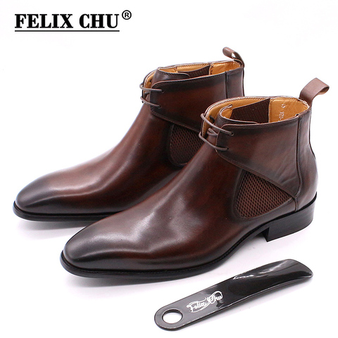 Bottes de luxe en cuir pour hommes, bottines carrées à bout uni en cuir véritable, chaussures chelsea marron, fait à la main, à lacets ► Photo 1/6