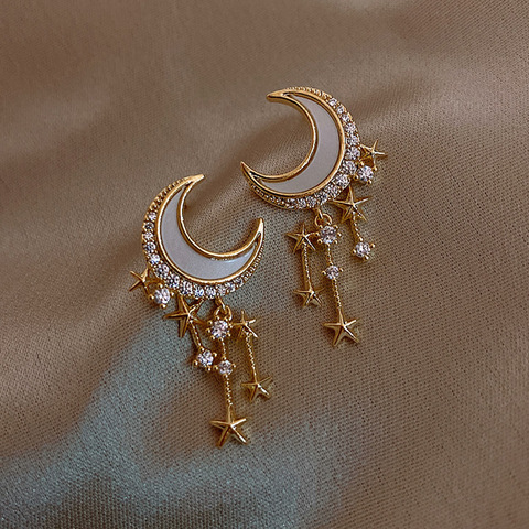 2022 nouveau à la mode étoile lune balancent boucles d'oreilles femmes tempérament mode géométrie métal perle Zircon pendentif boucles d'oreilles fête bijoux ► Photo 1/6