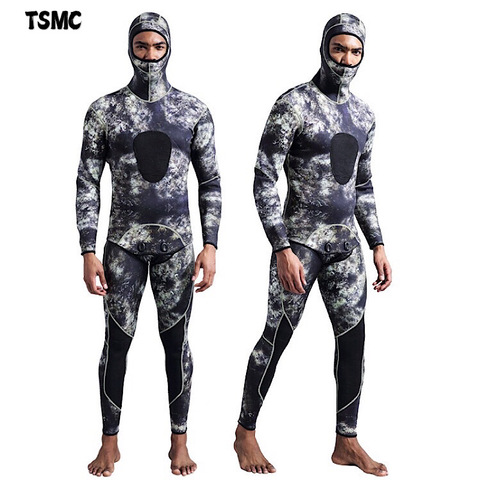 TSMC 3mm Camouflage à manches longues Fission à capuche 2 pièces de néoprène combinaison Submersible pour hommes garder au chaud imperméable combinaison de plongée ► Photo 1/6