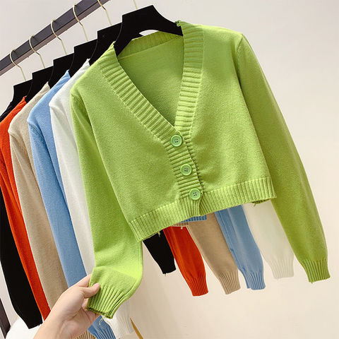 Tricoté culture Cardigan femmes coréen court pull à manches longues col en V vert bleu ► Photo 1/6