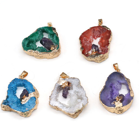 Agates naturels Druzy pierre pendentif breloques irrégulières Quartz cristal géode pendentifs pour la fabrication de bijoux collier à faire soi-même 30x40-35x45mm ► Photo 1/1