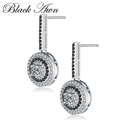 Nouveau 925 en argent Sterling classique véritable Bijoux fins de mariage boucles d'oreilles rondes pour les femmes noir et blanc femme Bijoux T005 ► Photo 1/6