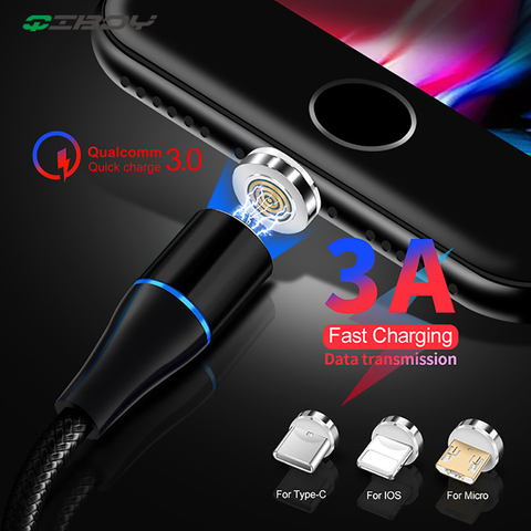 QIBOY – câble Micro USB/type-c magnétique 3A pour recharge rapide (1m), cordon de chargeur aimanté avec rotation à 360 ° pour téléphone iPhone 11 Pro, Samsung et Xiaomi ► Photo 1/6