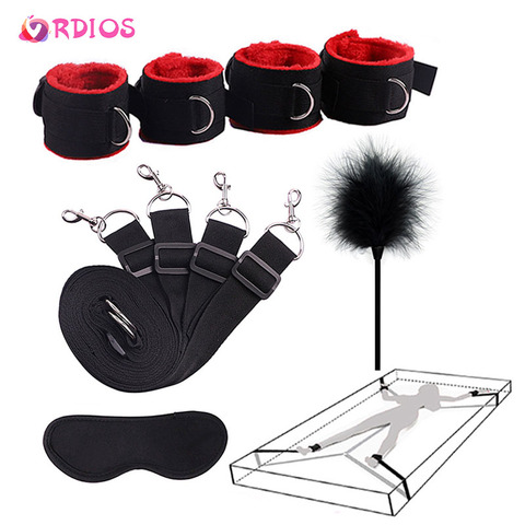 VRDIOS sexe menottes avec bandeau et flirt plume bâton BDSM Bondage ensemble sous lit érotique jouets sexuels pour femmes Couple adulte ► Photo 1/6