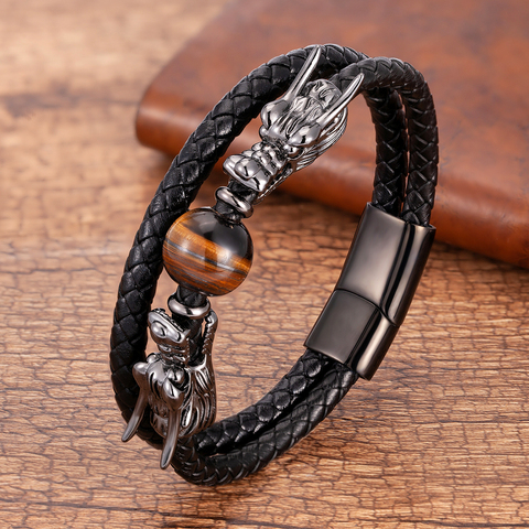 Bracelets de luxe en acier inoxydable pour hommes rond oeil de tigre pierre naturelle Dragon forme métal Bracelets en cuir cadeaux pour le nouvel an ► Photo 1/6