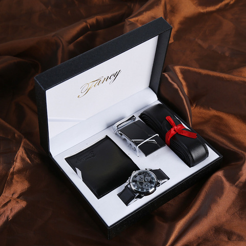 Homme montre coffret cadeau avec boîte en cuir ceinture hommes portefeuilles montre hommes montres de luxe Quartz montre-bracelet ensemble pour cadeau de fête des pères ► Photo 1/6