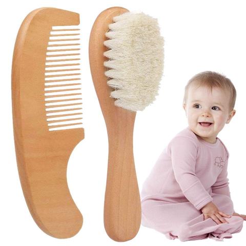 Naturel Pure laine doux bébé brosse manche en bois brosse bébé cheveux peigne infantile peigne tête masseur bébé brosse à cheveux bébé soins ► Photo 1/6