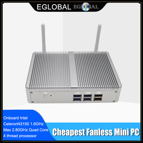 Moins cher petite boîte de télévision Mini PC Windows 10 sans ventilateur Barebone PC Intel N3150 Quad Core Max 2.08GHz 2 * Lan 2 * HDMI 4K HTPC ordinateur ► Photo 1/6