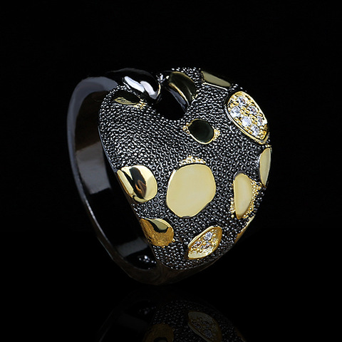 Bague en Zircon bicolore pour femmes, anneau géométrique Unique, ajouré, noir, doré, élégant, bijoux de fête ► Photo 1/5