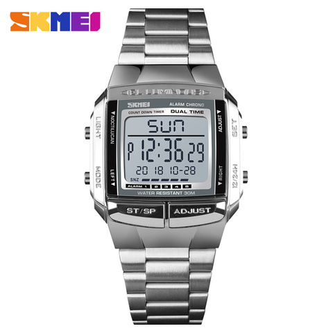 SKMEI – montre de sport numérique à Quartz pour hommes, bracelet en acier, Top marque, électronique LED, étanche ► Photo 1/6