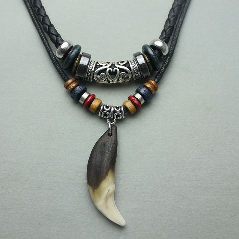 Homme Tour De Cou À Breloque Dent De Loup Pendentif En Cuir Véritable Collier En Alliage Rétro Style Ethnique ► Photo 1/5