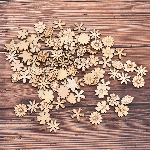Pièces Mix en bois, 100 pièces créatives, feuilles de fleur, découpes et tranches pour décoration artistique en bois à faire soi-même, bricolage, fête à la maison, Scrapbooking ► Photo 1/6