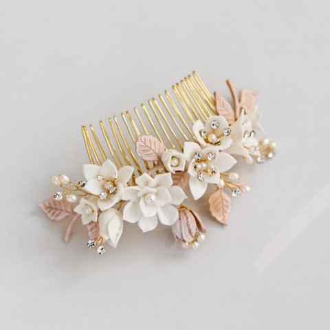 Délicat mariage bijoux feuille d'or mariée cheveux peigne porcelaine fleur femmes casque cheveux accessoires ► Photo 1/6