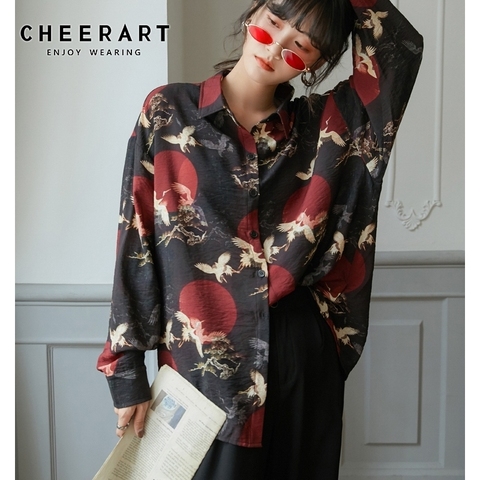 CHEERART japonais mode à manches longues Blouse automne 2022 femmes Vintage haut grue imprimer lâche bouton Up chemise automne vêtements ► Photo 1/6