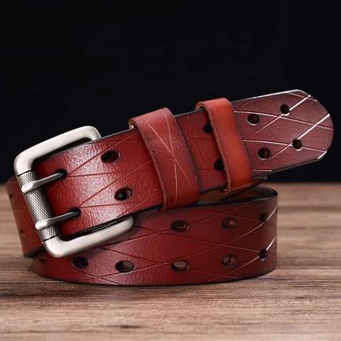 Ceinture en cuir Double pour hommes, classique, Double rangée de trous, universelle, ajourée, pour Jeans, nouvelle collection ► Photo 1/6