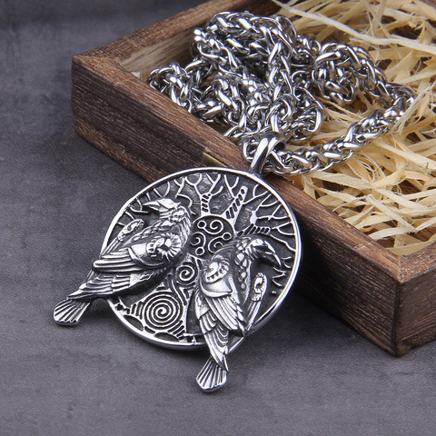 Les corbeaux nordiques talisman Odin deux corbeaux pendentif Huginn et Muninn sur le collier arbre de vie ► Photo 1/6