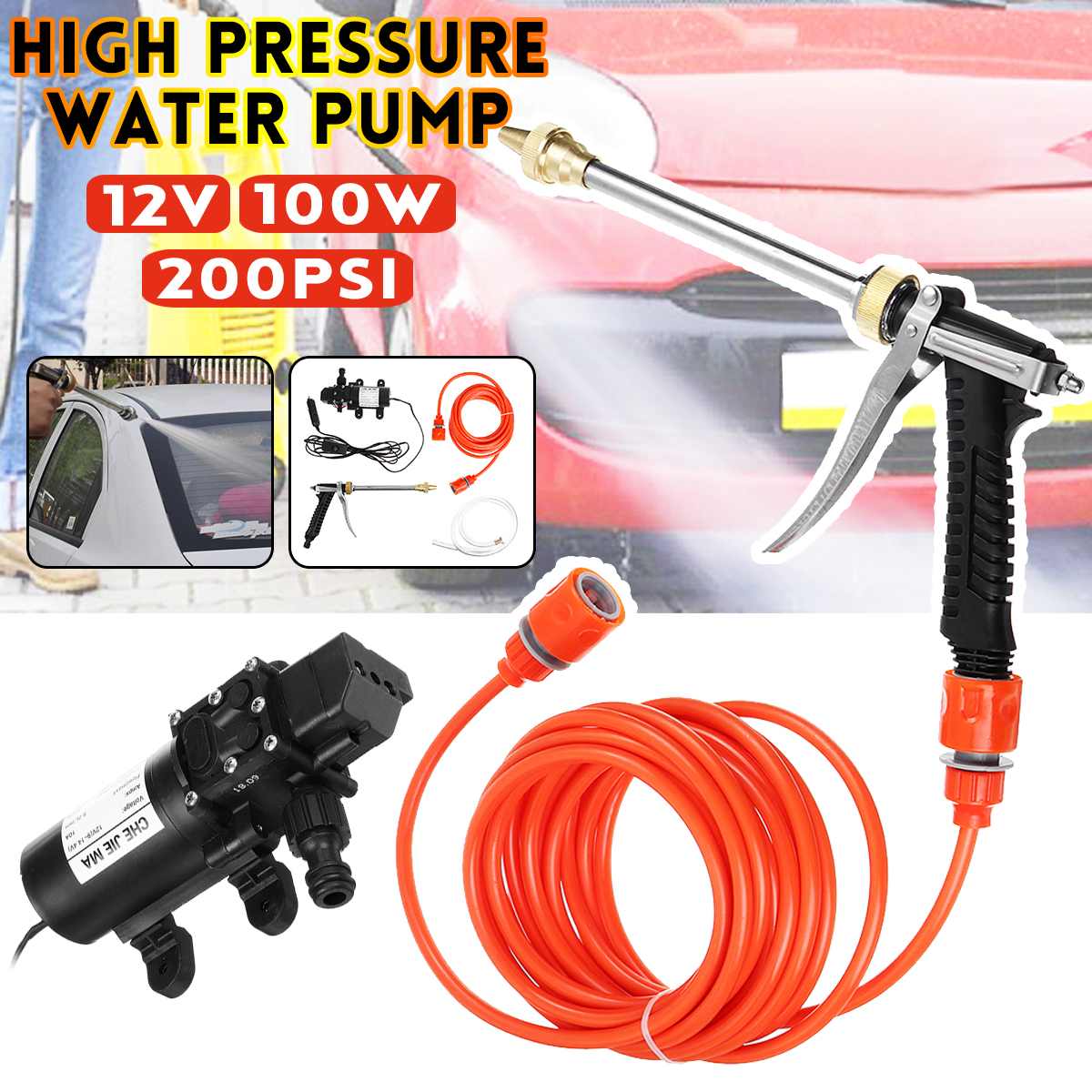 Pompe de Lavage de Voiture 12V 100W Haute Pression Lavage Électrique Pompe  à Eau Auto-Amorçante