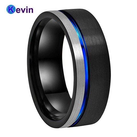 Bague en tungstène pour hommes et femmes, bracelets de mariage, noir, bleu, plat, 8MM ► Photo 1/6