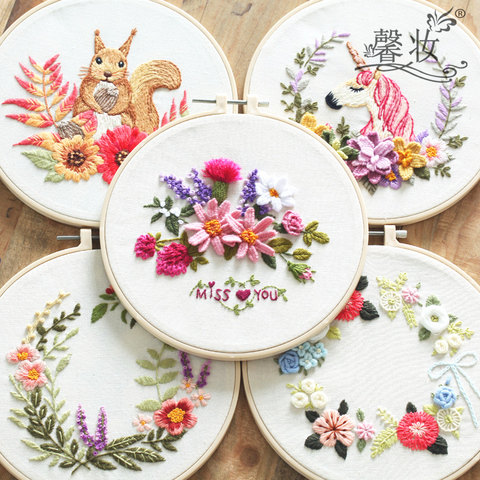 Kit de broderie 3D avec cerceau, 20cm, écureuil de fleurs, bricolage, point de croix, couture, décorations de peinture pour la maison ► Photo 1/6